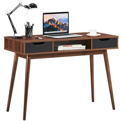 Stylish Computer Desk Workstation With 2 Drawers And Solid Wood Legs