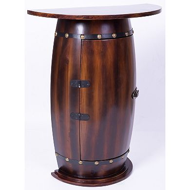 Rustic Lockable Barrel Shaped Wine Bar Cabinet Wooden End Table