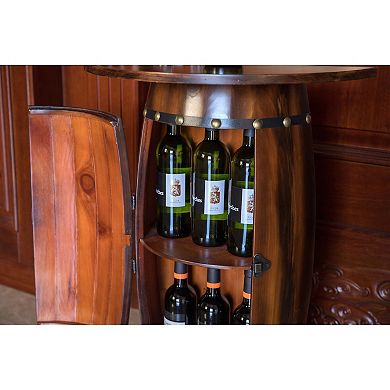 Rustic Lockable Barrel Shaped Wine Bar Cabinet Wooden End Table