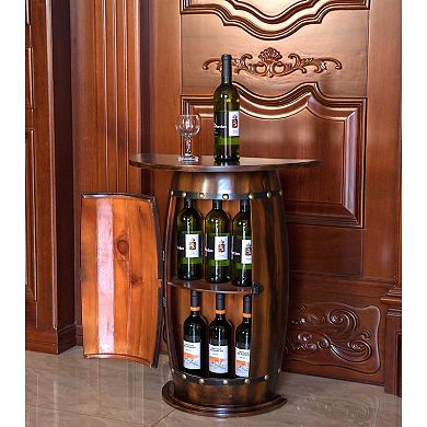 Rustic Lockable Barrel Shaped Wine Bar Cabinet Wooden End Table