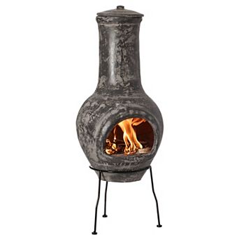 Gray Outdoor Clay Chiminea Outdoor Fireplace Scribbled Design Charcoal Burning with Metal Stand