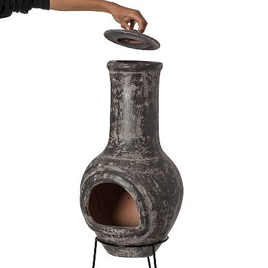 Gray Outdoor Clay Chiminea Outdoor Fireplace Scribbled Design Charcoal Burning with Metal Stand