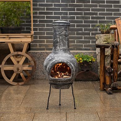Gray Outdoor Clay Chiminea Outdoor Fireplace Scribbled Design Charcoal Burning with Metal Stand