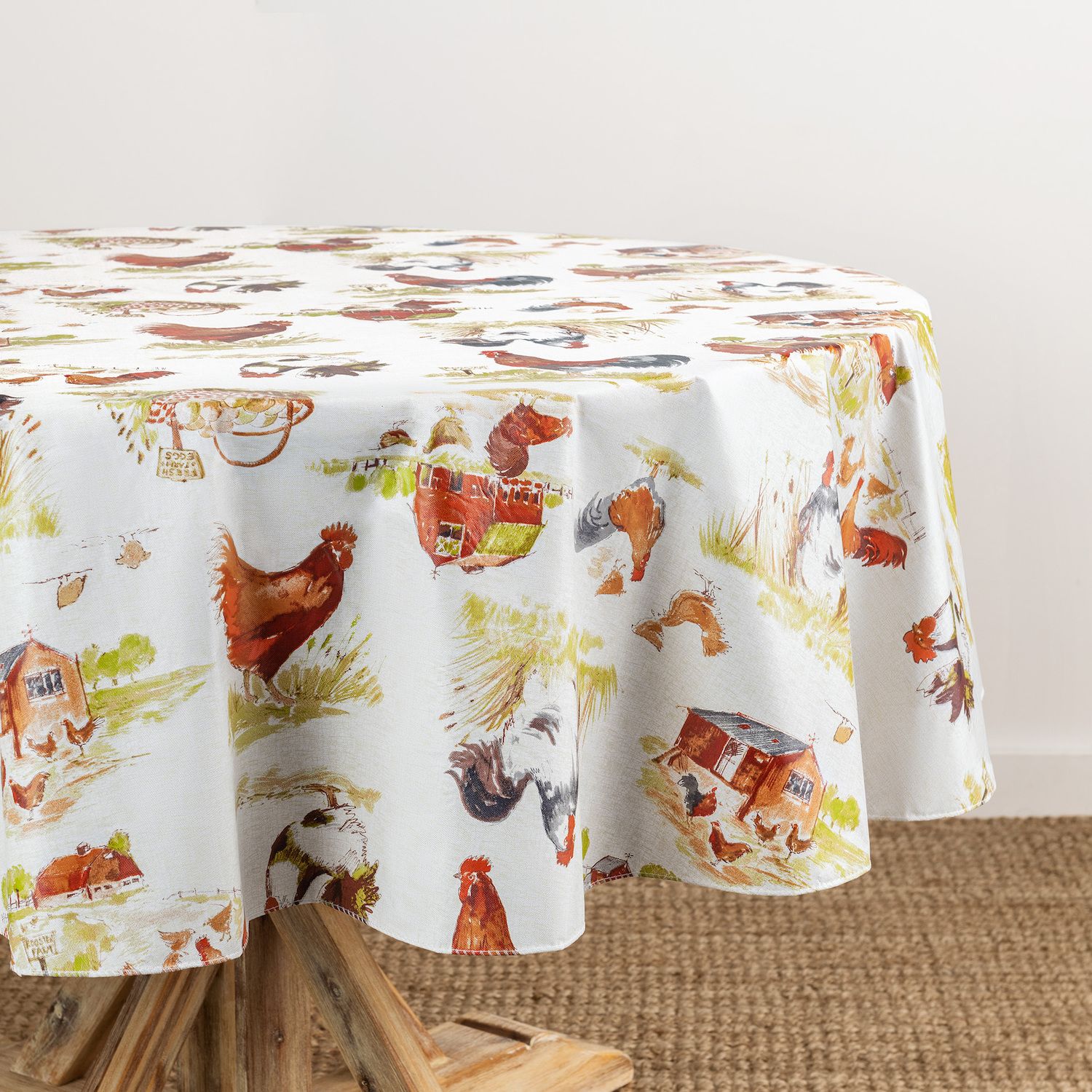 Elrene Home Fashions Tovaglia vintage in vinile resistente all'acqua e alle macchie con stampa di galli e fattoria per interni ed esterni, con retro in flanella, 132 x 178 cm, rettangolare