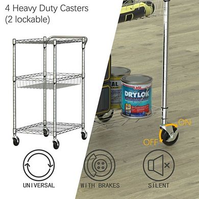 3-tier Rolling Utility Cart With Handle Bar And Adjustable Shelves
