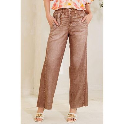 【oan】Fake Denim Printing Pants Waist Elastic High-rise, Straight Fake Denim Print Pants