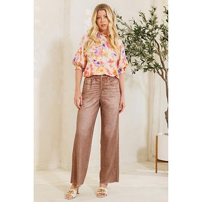 Waist Elastic High-rise, Straight Fake Denim Print Pants