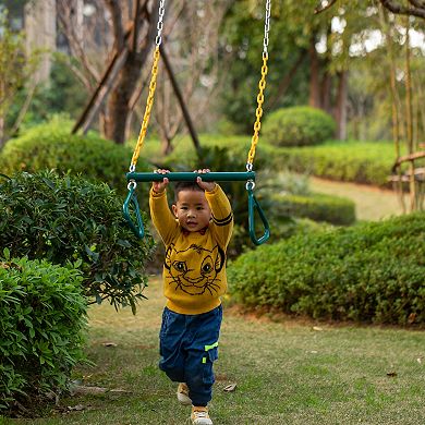 Outdoor Playground Gym Heavy Duty Kids Fun Hanging Trapeze Bar, Green Steel Bar and Yellow Chain