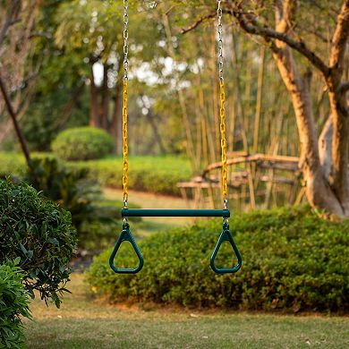 Outdoor Playground Gym Heavy Duty Kids Fun Hanging Trapeze Bar, Green Steel Bar and Yellow Chain