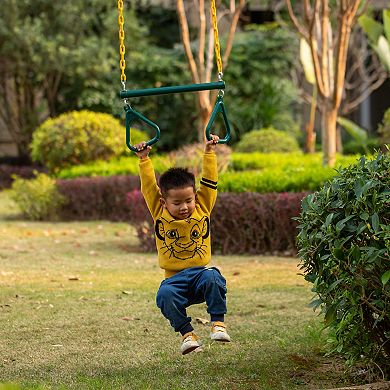 Outdoor Playground Gym Heavy Duty Kids Fun Hanging Trapeze Bar, Green Steel Bar and Yellow Chain