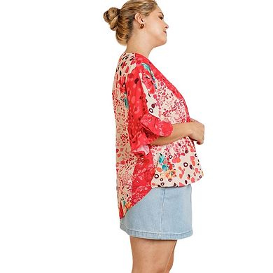 Floral Animal Mixed Print Ruffle Sleeve V-neck Crossbody Top With Scoop Hem