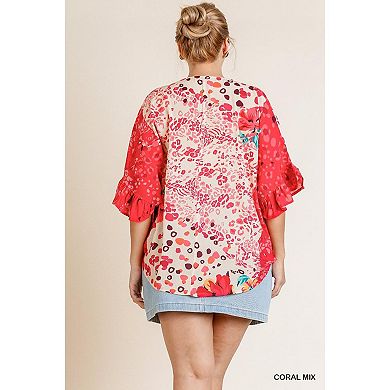Floral Animal Mixed Print Ruffle Sleeve V-neck Crossbody Top With Scoop Hem