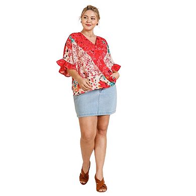 Floral Animal Mixed Print Ruffle Sleeve V-neck Crossbody Top With Scoop Hem