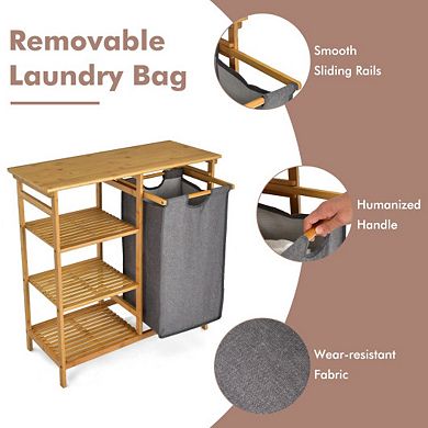 Bamboo Laundry Hamper Stand With Removable Sliding Bag And 3-tier Open Shelves