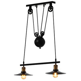 Adjustable 2 Bulb Pulley Wired Ceiling Hanging Light Fixture, Black