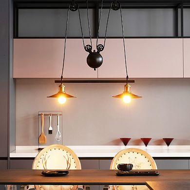 Adjustable 2 Bulb Pulley Wired Ceiling Hanging Light Fixture, Black