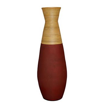 Tall Handcrafted Bamboo Floor Vase, Burgundy and Natural Color