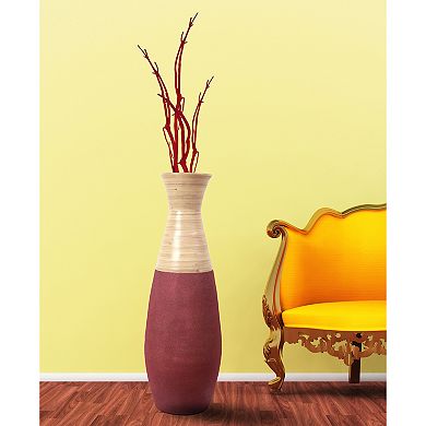 Tall Handcrafted Bamboo Floor Vase, Burgundy and Natural Color