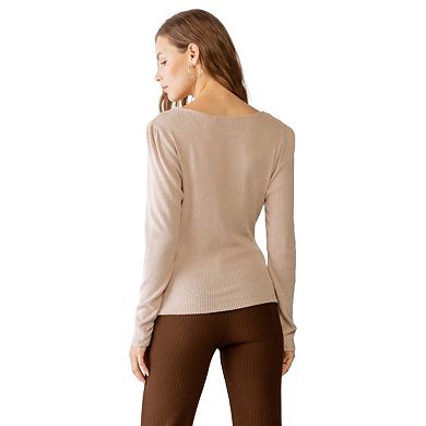 Sand Ribbed V-neck Long Sleeve Soft To Touch Top