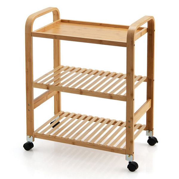 Bamboo Utility Cart With Storage Shelf And Lockable Casters