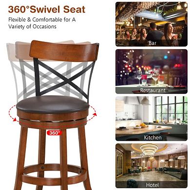 Set Of 2 Bar Stools 360-degree Swivel Dining Bar Chairs With Rubber Wood Legs