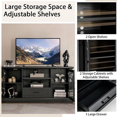 Tv Stand With Glass Doors Cubbies And Drawer-black