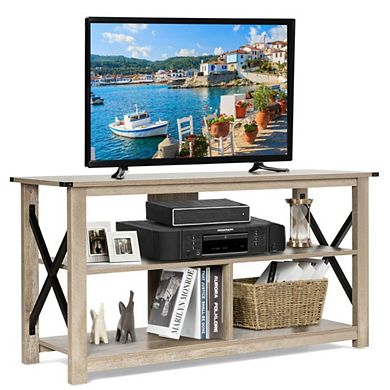 3 Tier Wood Tv Stand With Open Shelves And X-shaped Frame