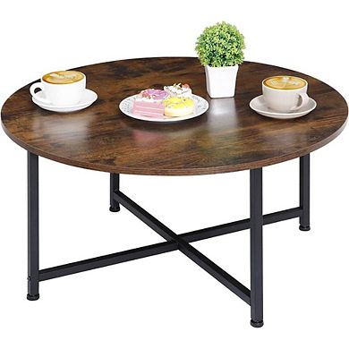 Hivvago Modern Round Industrial Coffee Table With Rustic Brown Wood Top