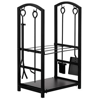 Indoor and Outdoor Patio Iron Firewood Log Cart with Fireplace Tool Rack