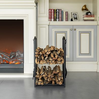Indoor and Outdoor Patio Iron Firewood Log Cart with Fireplace Tool Rack