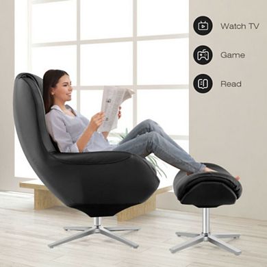 360° Swivel Leather Lounge Chair With Ottoman And Aluminum Alloy Base