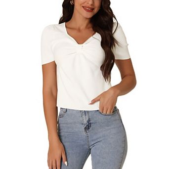 Women's Summer Casual V Neck Cropped T Shirt Short Sleeves Ribbed Knit Blouse Tops