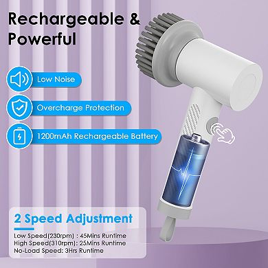 White, Rechargeable Cordless Spin Scrubber: 2 Speeds,  Brushes For Kitchen, Bath, Tile