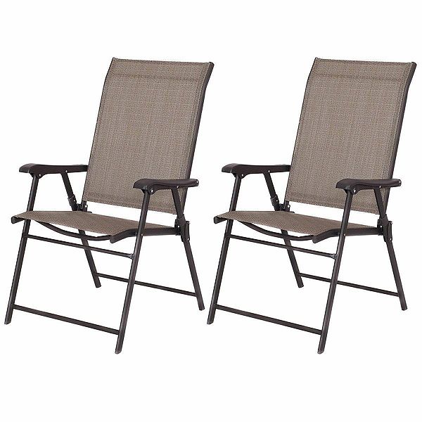 Set Of 2 Outdoor Folding Patio Chairs In Brown With Black Metal Frame