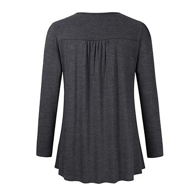 Plus Women's Plus Size Long Sleeve V Neck Tunic Tops Pleated Flowy Tee Shirt Causal Loose Blouse