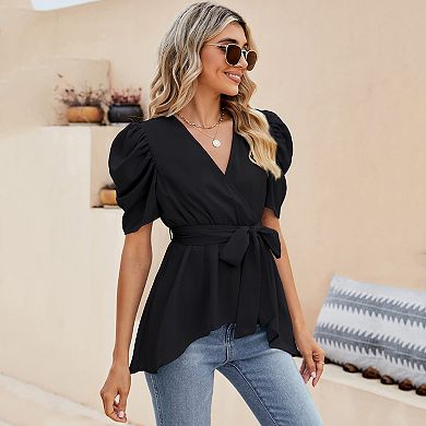 Women Dressy Deep V Neck  Belted Tie Peplum Tops Empire Waist Wrap Blouse Puff Short Sleeve Shirt