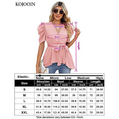 Women Dressy Deep V Neck  Belted Tie Peplum Tops Empire Waist Wrap Blouse Puff Short Sleeve Shirt