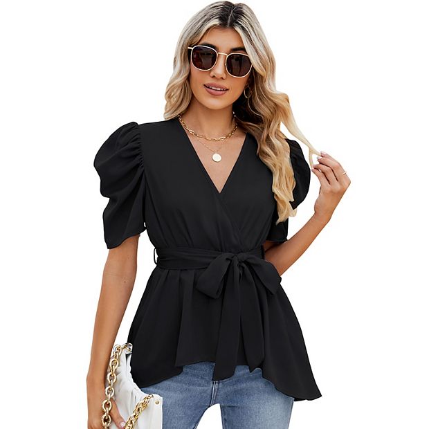 Kojooin Peplum Tops for Women Dressy Sexy Deep V Neck Belted Tie Blouses Empire Waist Wrap Blouse Short Puff Sleeve