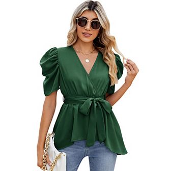 Women Dressy Deep V Neck Belted Tie Peplum Tops Empire Waist Wrap Blouse Puff Short Sleeve Shirt