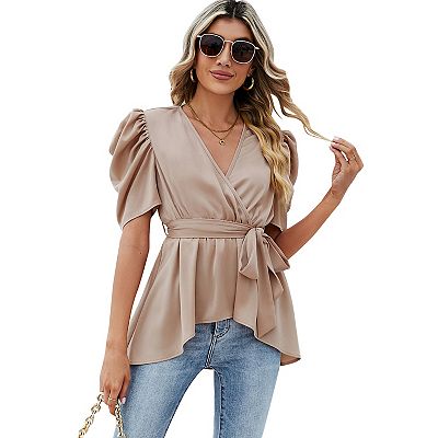 Women Dressy Deep V Neck Belted Tie Peplum Tops Empire Waist Wrap Blouse Puff Short Sleeve Shirt