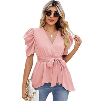 Women Dressy Deep V Neck Belted Tie Peplum Tops Empire Waist Wrap Blouse Puff Short Sleeve Shirt