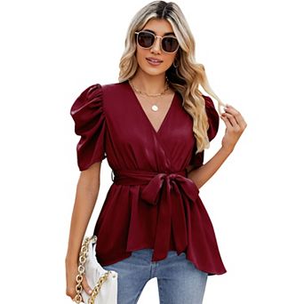 Women Dressy Deep V Neck Belted Tie Peplum Tops Empire Waist Wrap Blouse Puff Short Sleeve Shirt