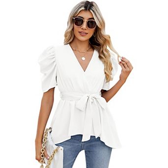 Women Dressy Deep V Neck Belted Tie Peplum Tops Empire Waist Wrap Blouse Puff Short Sleeve Shirt