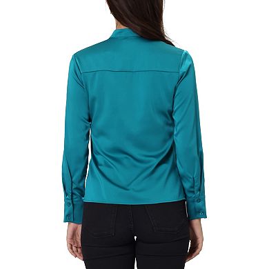 Women's V Neck Top Long Sleeve Pleated Front Work Office Blouse