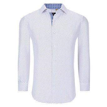 Azaro Uomo Men Slim Fit Four-way Stretch Geometric Long Sleeve Button Down