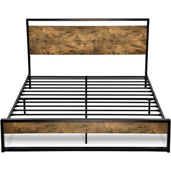 Full Size Metal Wood Platform Bed Frame With Industrial Headboard