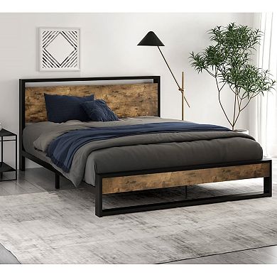 Full Size Metal Wood Platform Bed Frame With Industrial Headboard