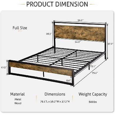 Full Size Metal Wood Platform Bed Frame With Industrial Headboard