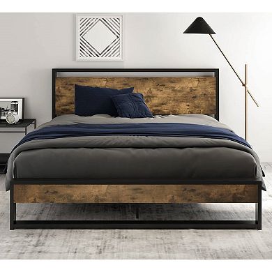 Full Size Metal Wood Platform Bed Frame With Industrial Headboard