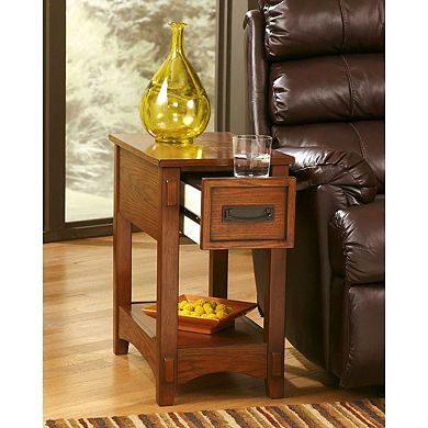 Mission Style Chairside End Table Nightstand with 1 Drawer and Lower Shelf in Brown, 13 Inch